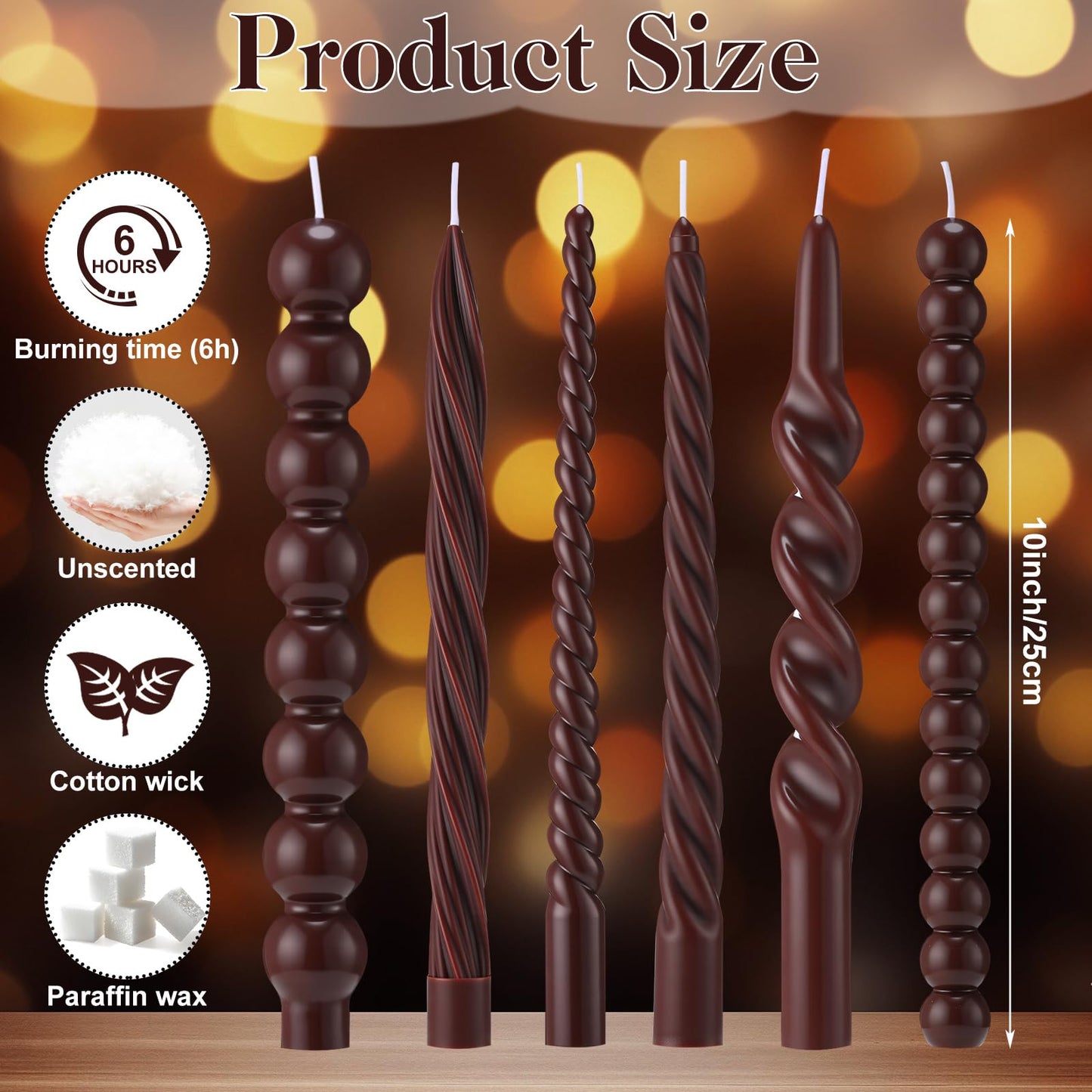 Conelist 10 Inch Brown Twisted Taper Candles Set of 6, Tall Smokeless Twisted Candlesticks for Wedding Holiday Birthday Home Party Decorations