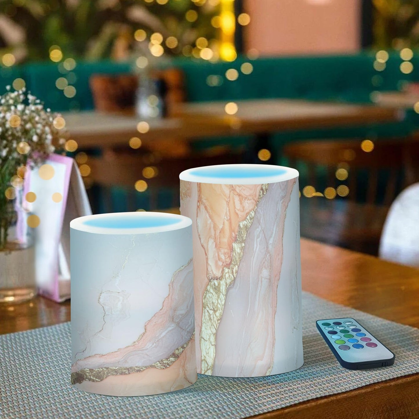 Zathe Flameless Pillar Candle Batteries Flameless Candles Set for Dining Room Table Marble Blush White