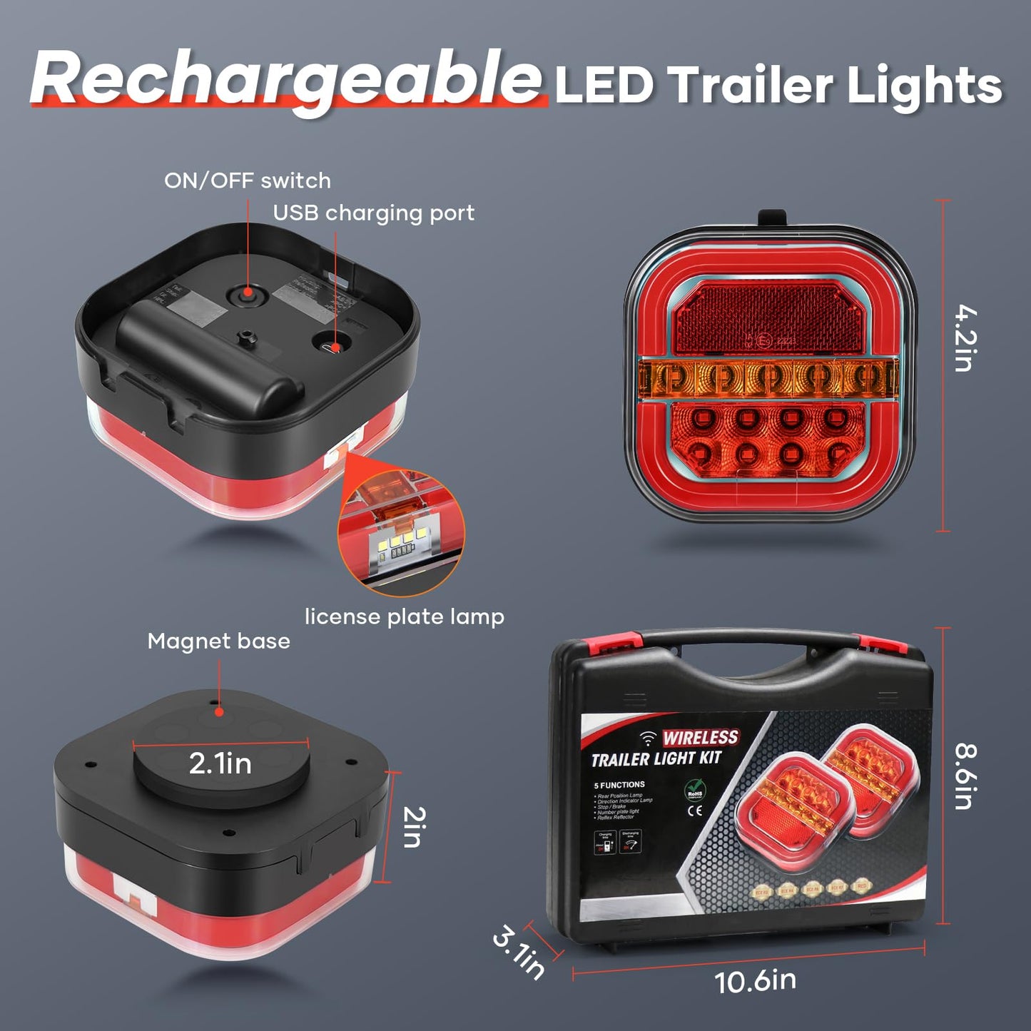 WIAZZLUK Wireless Trailer Lights, Rechargeable LED Tail Light Kit, Waterproof, Magnetic/Screw Fixed, Model RAVI RAZZ DK0001, Black