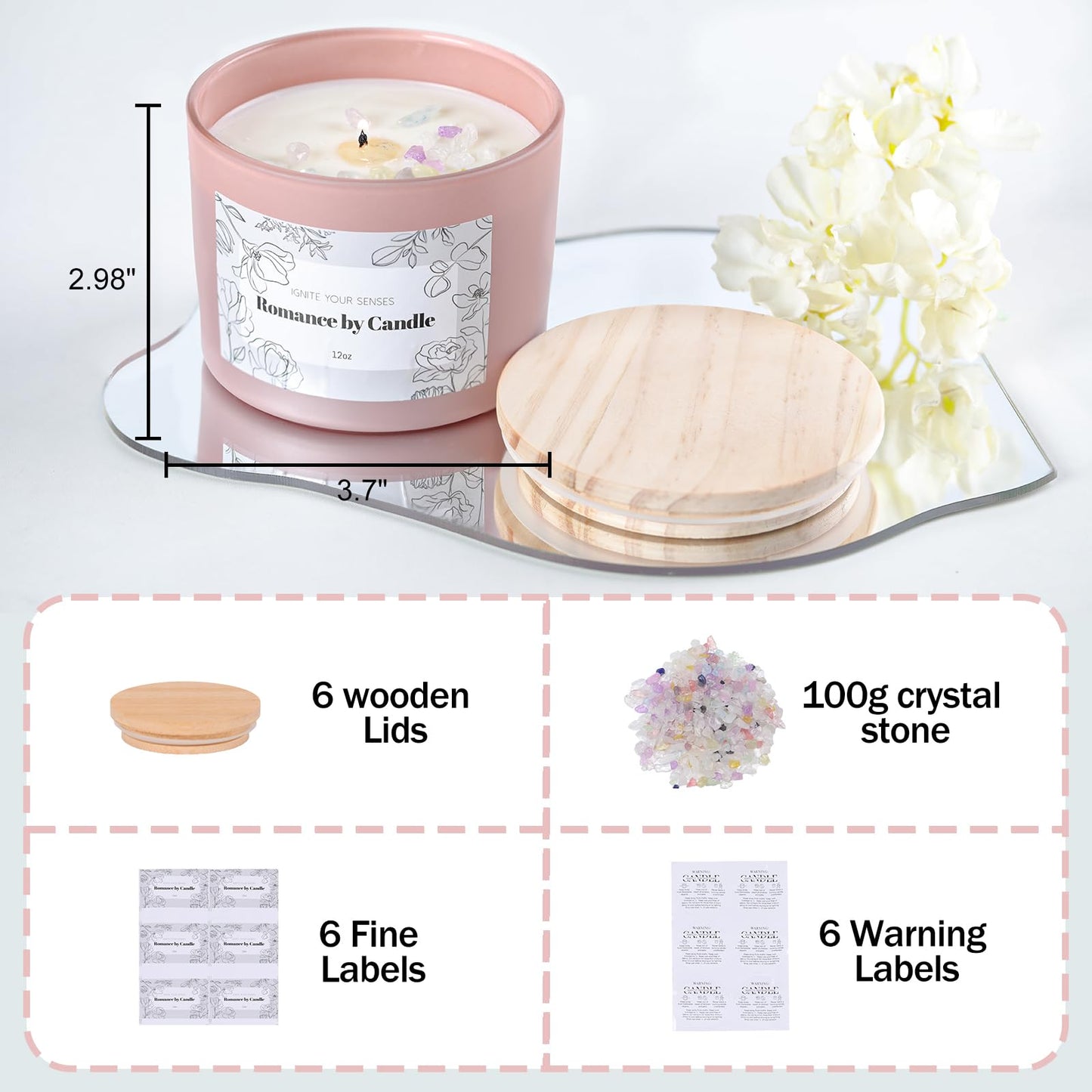 REISEN 6Pcs Assorted Pink Candle Jars for Making Candles, 12oz Empty Candle Jars with Bamboo Lids,Labels and 100g Crystal Rocks, Glass Jars for Candle Making Supplies, Candle Containers for DIY Gifts