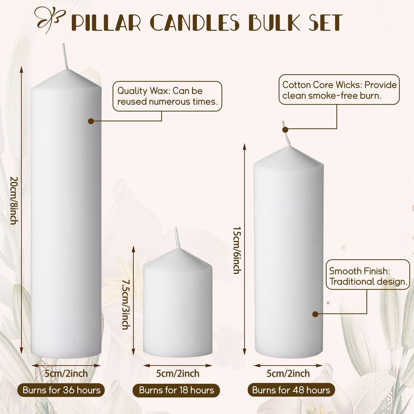 36PC White Pillar Candles Bulk 2 in x 3, 6, 8 Inch Long Burning Wax Pillar Candles Unscented Smokeless Dripless for Wedding Centerpieces Spa Lantern Fireplace Home Christmas Thanksgiving Party Decor