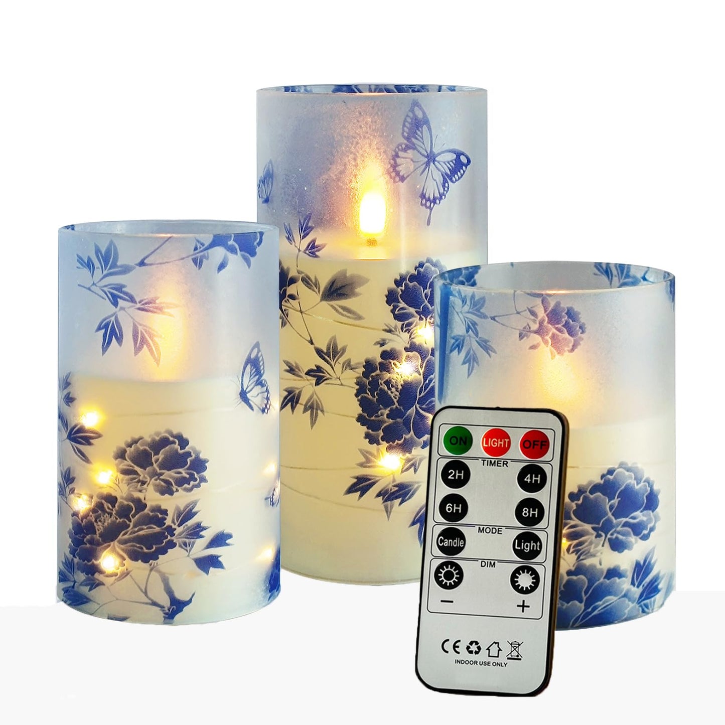 Flickering Flameless Candles Blue Peony Print Embedded Star String Lights, Battery Operated Acrylic LED Pillar Candles with 11-Key Remote and Timer for Home Decoration, 3 Pack