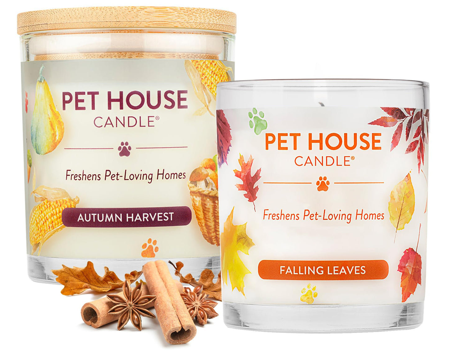 One Fur All Pet Friendly Candle 2 Pack - Plant-Based, Soy Candles, Clean Burning, Long Lasting Pet Air Freshener for Home, 2 Pack, Falling Leaves and Autumn Harvest
