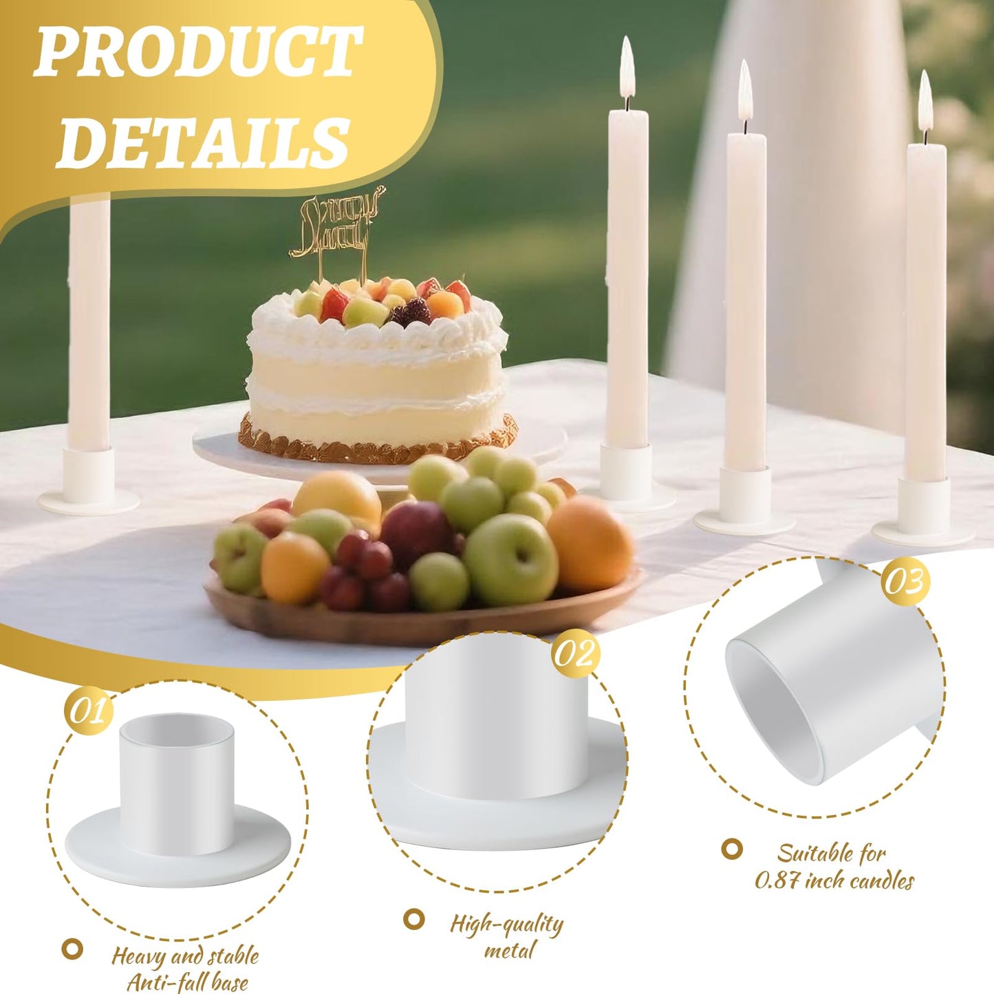 kehail Metal Taper Candle Holders Set - 2"×1" Elegant Candlestick Centerpieces for Table Decor, Wedding, Anniversary, Dinner Party (6, White)
