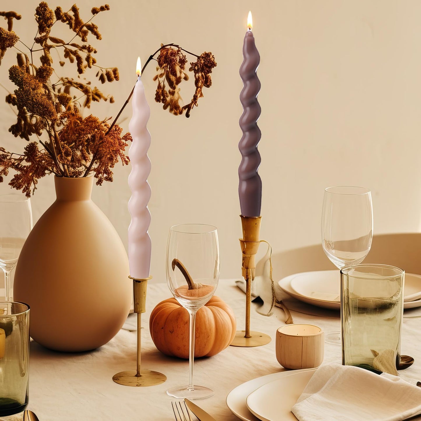 Zhengmy 4 Pcs Gradient Khaki Spiral Taper Candle 7 Inch Twisted Long Wax Dinner Candlestick for Fall Halloween Christmas Holiday Valentines Wedding Birthday Baby Shower Table Decor(Solid)