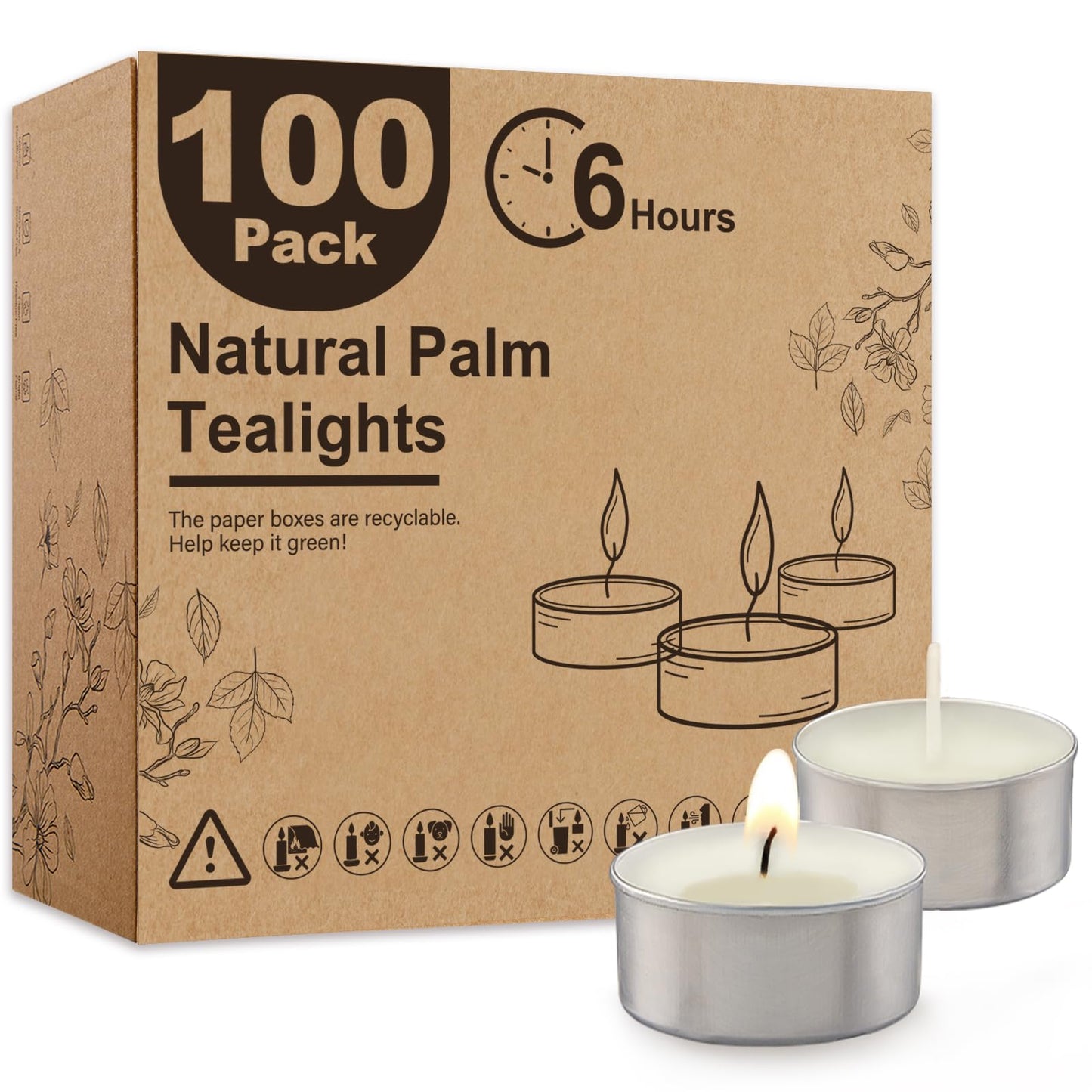 Ashlux Unscented Palm Tea Lights Candles 100 Pack Bulk, 6 Hours Long Burning White Tea Lights,Non-Paraffin, Smokeless, Mini Tealight Candles for Wedding, Christmas Lights, Party, Power Outages