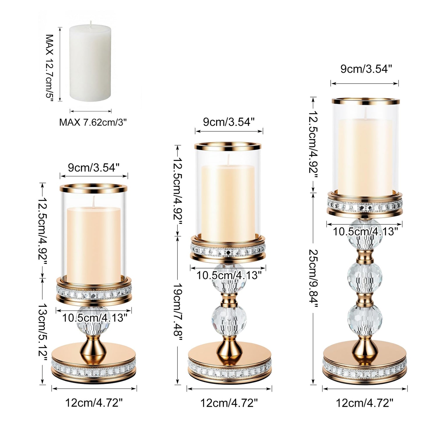 12.4" Tall Hurricane Candle Holder, Pillar Candle Holders with Glass Sleeve with Gift Box, Crystal Candle Stands for Home Warming, Weddiing, Dining Room Decor, Table Centerpiece (2, Gold, M)