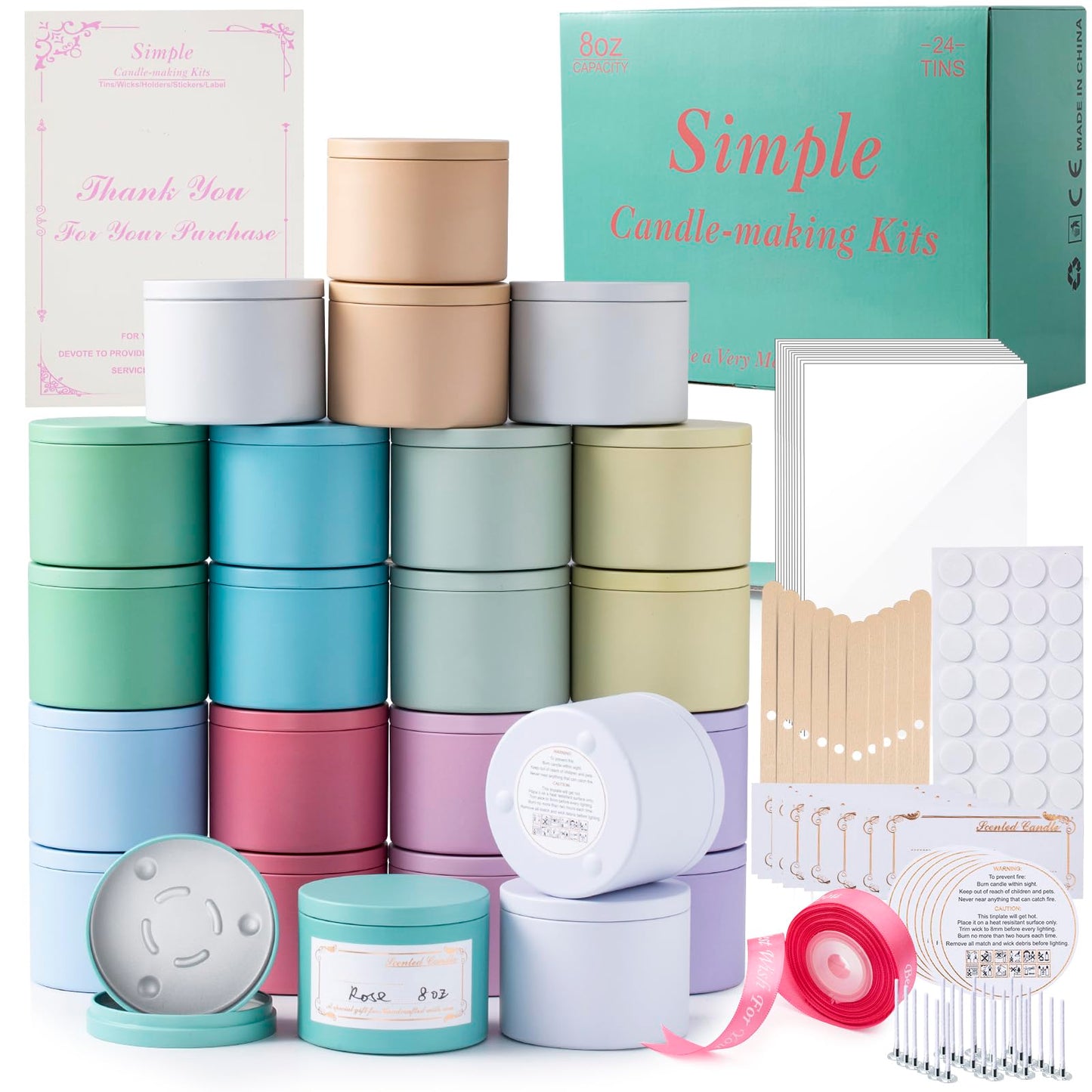MeiGlow Empty Candle Tins for Making Candles, 24 Pack(12 Colors) 8 oz with Lids, Cotton Wicks, Wick Stickers, Holders, Labels, Pink Ribbon and Transparent Bags (8 oz)