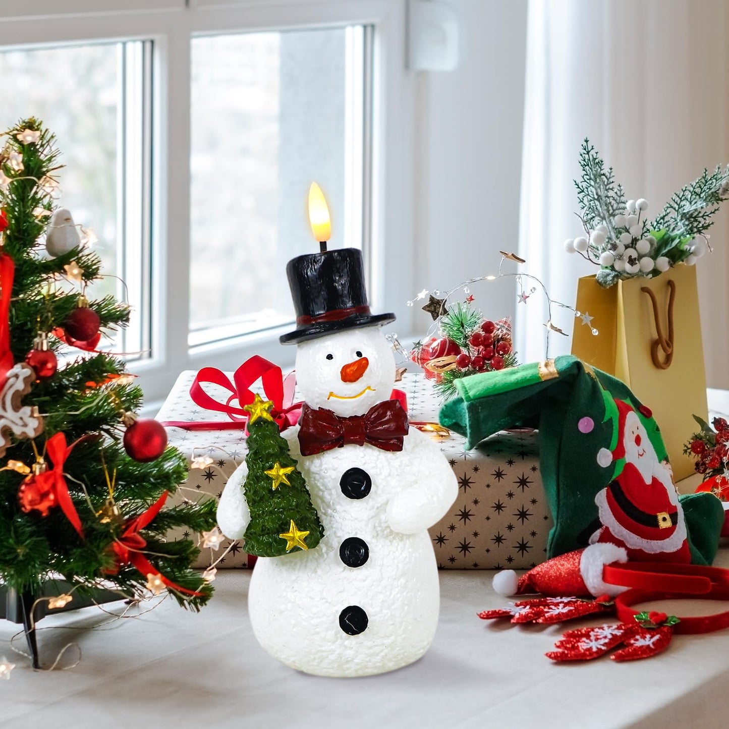 Eldnacele Christmas Snowman Flameless Candles with 6H Timer Hand-Carved Battery Operated Christmas Tree Snowman Candle 3D Wick Flickering Real Wax LED Pillar Candle Dinner Indoor Holiday Decorations