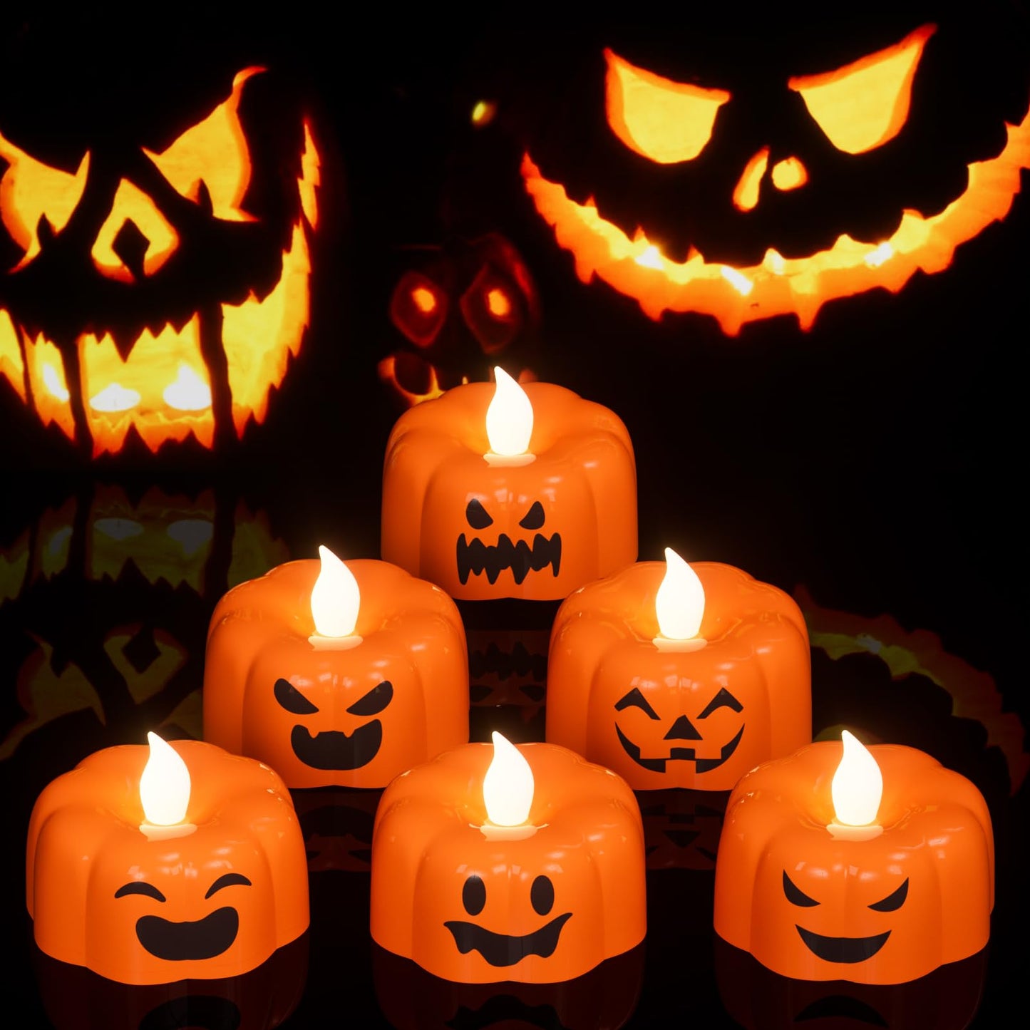 GenSwin Halloween Pumpkin Flameless Candles Lights with 6H Timer, 6 Pcs LED Flickering Tealights Candles Battery Operated, Ghost Face Tea Lights Candles for Fall Halloween Decoration (1.9” x 1.6”)