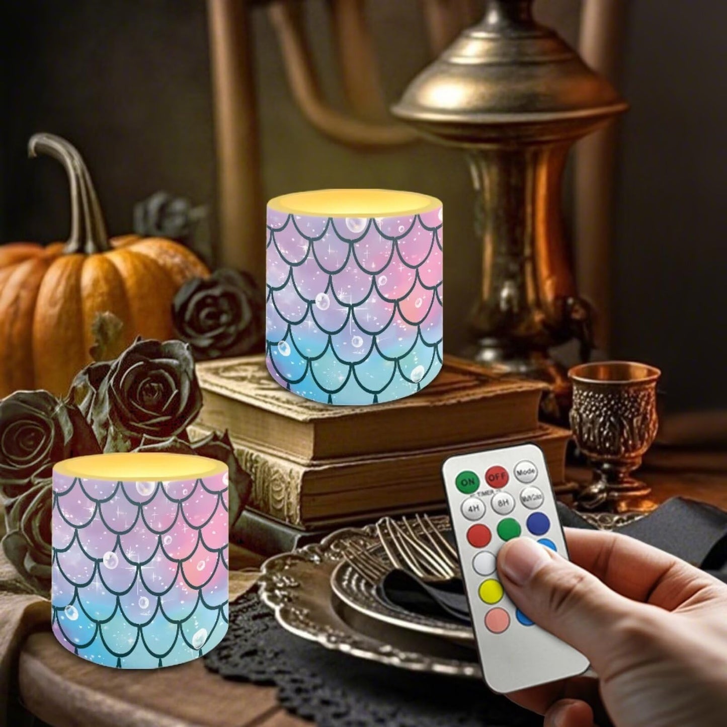 Cozeyat Fish Scale LED Candles Set of 4 Battery Powered Flameless with Remote Timer Flickering Flame Waterproof for Home Patio Beach Decor