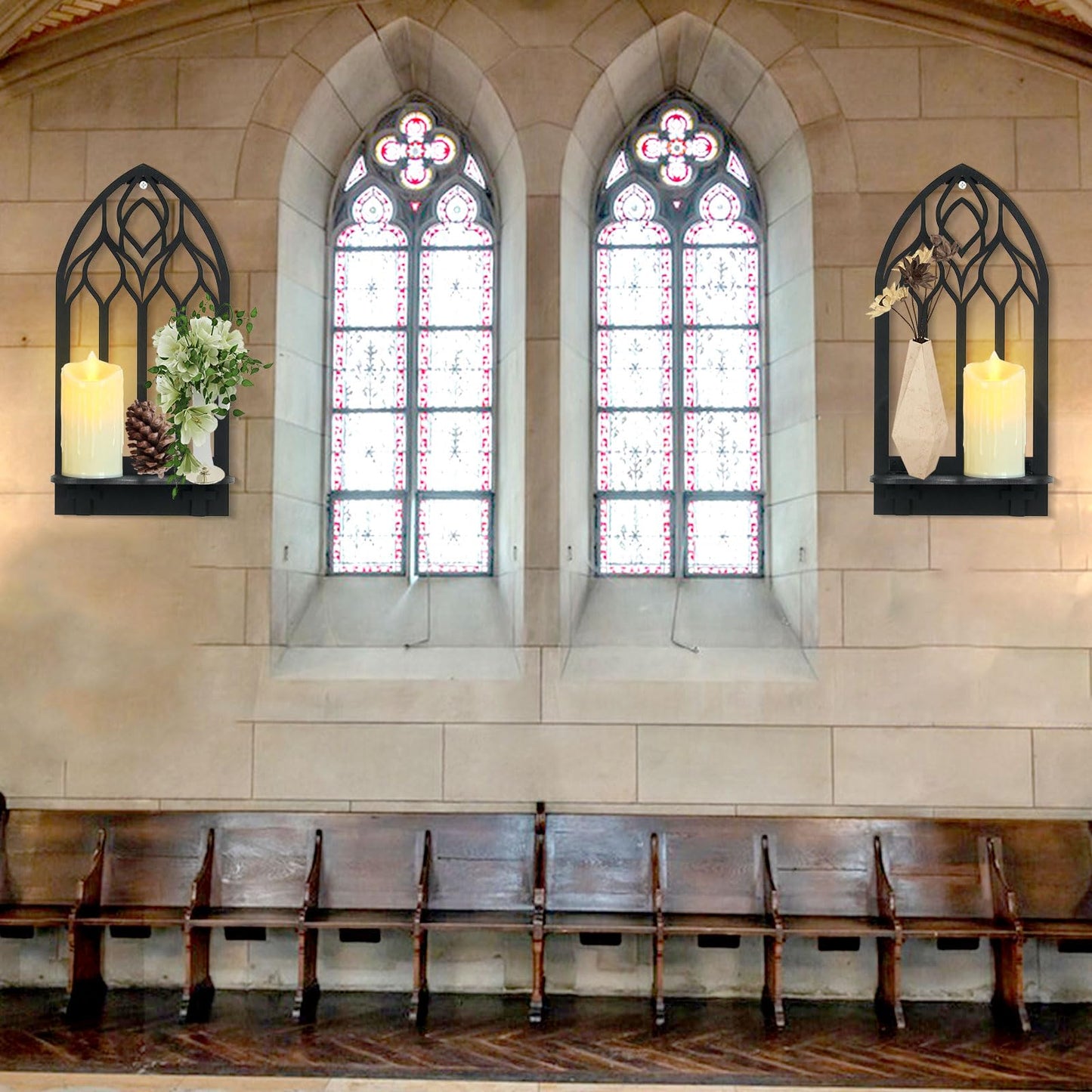Zzbakress 2 Pcs Gothic Sconces Wall Decor Black Goth Decor Arched Church Wall Gothic Decor Art Gothic Bathroom Decor Gothic Home Decor for Living Room Kitchen Dinner Room (Upward)