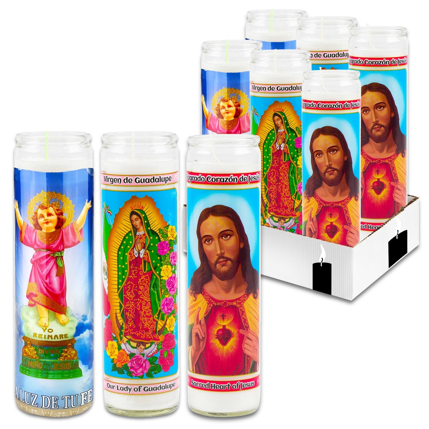 Devotional Candle Set - 6 Candles with Lady of Guadalupe and Jesus Sacred Heart for Vigils, Prayers, Blessing, Religious Ceremonies, More | Unscented