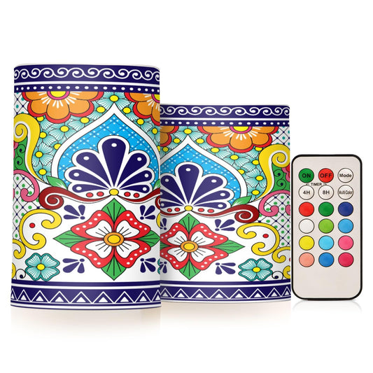 Eionryn Mexican Talavera Floral Tile Flameless Candles Moroccan Boho Flowers Battery Operated LED Candles with Remote Timer Electric Candles for Home Party Decor 2pcs