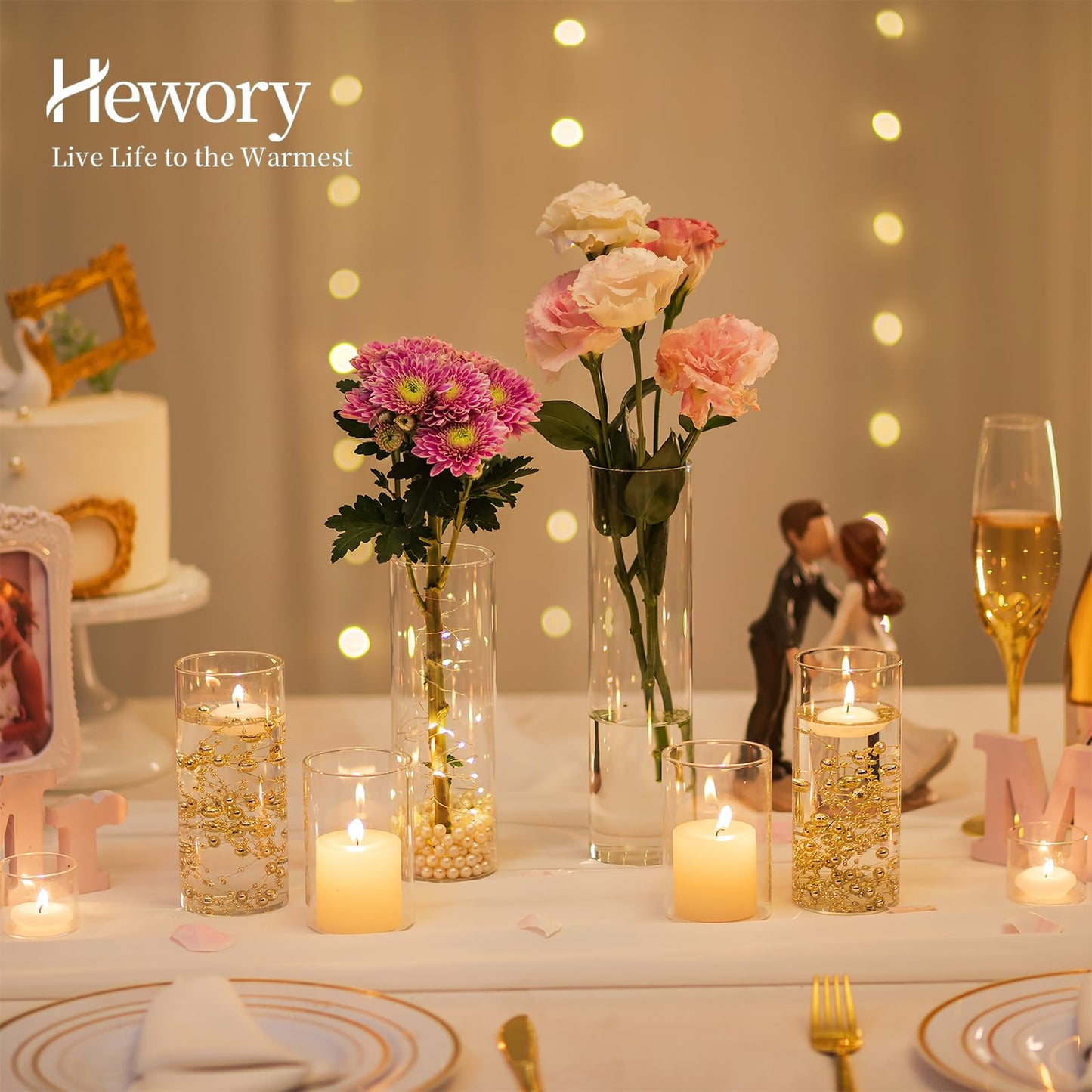 Hewory Glass Cylinder Vases for Centerpieces: Set of 12 Clear Hurricane Vase Bulk with Pearl String for Wedding Table Birthday Party Decoration - Tall Candle Holders for Floating Candle Bouquet