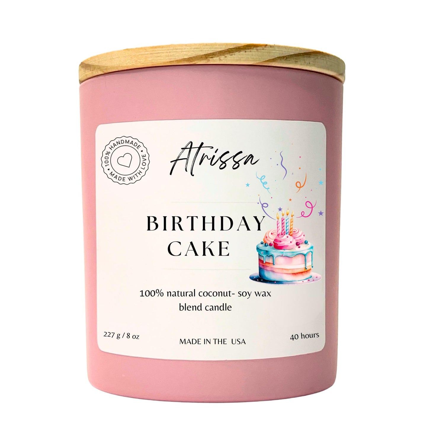 ATRISSA Birthday Cake Scented Candle – 8 oz Coconut Soy Wax, Pink Glass Jar, Handmade in USA, Eco-Friendly Non-Toxic Candle, Sweet Vanilla Cake Aroma Home Gift
