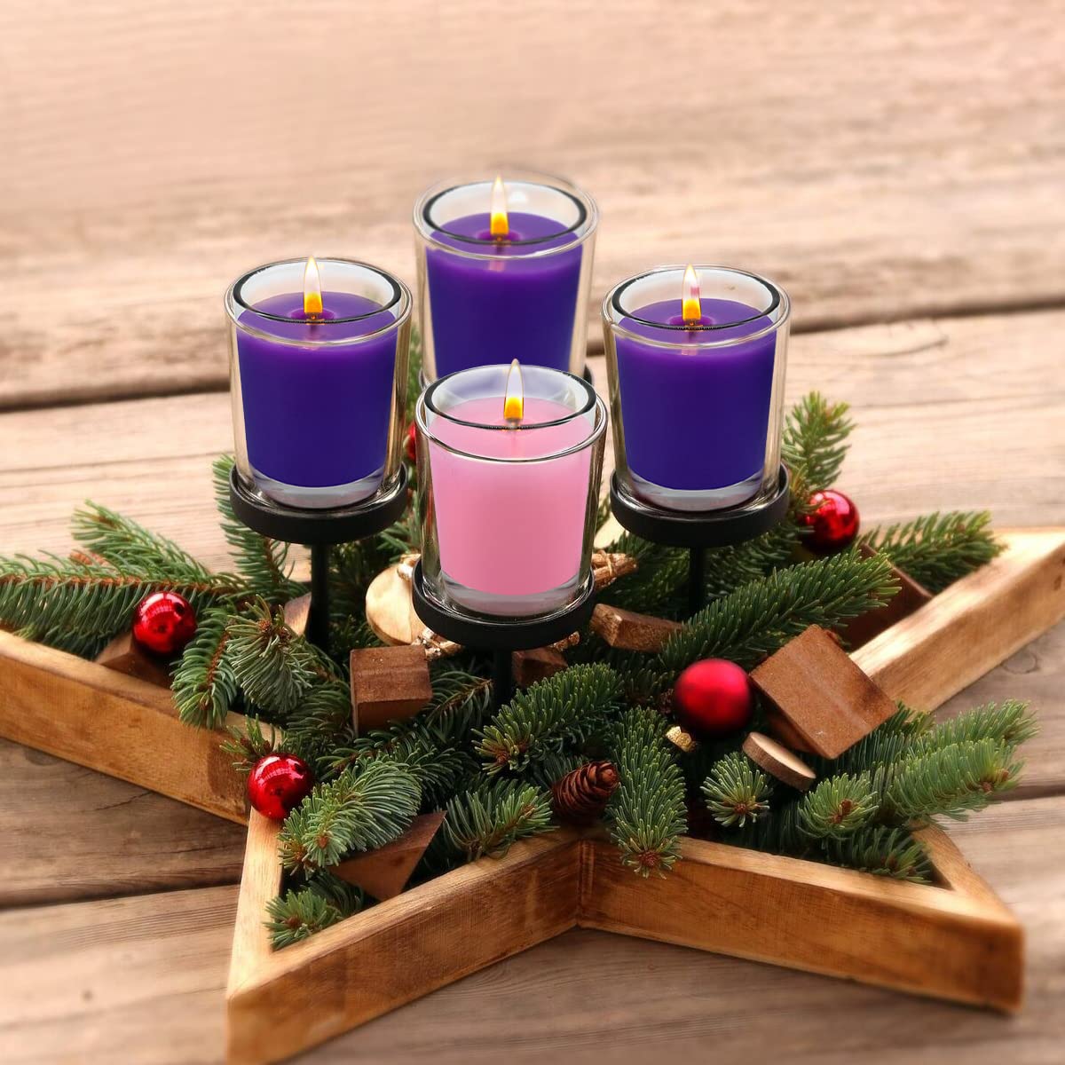 UNICY 12 Packs Advent Candles with Clear Glass Holder, 9 Purple and 3 Pink Votive Candles, Unscented Seasonal Celebration Candles for Christmas Table Decoration, 1.8oz, KFUS-12VOT-ZIFEN