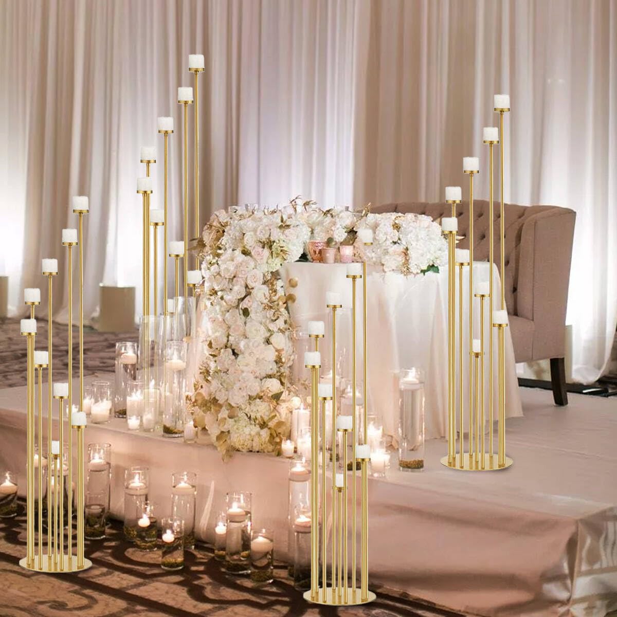 Fullvaseer 2pcs 9 Arm Candelabra,Floor Candle Holders Tall Set for Wedding Aisle Decoration,Gold Candelabras for Fireplace,Candle Stand Fit for Flameless or Wax