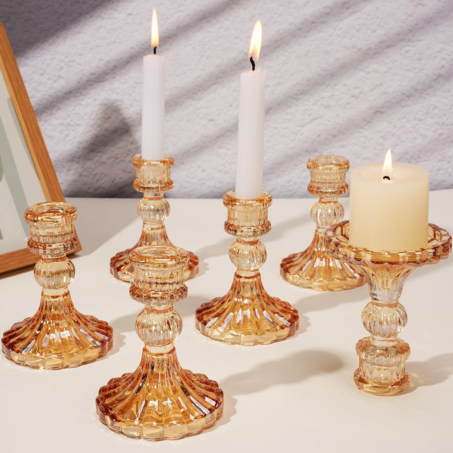 Maxcheck Set of 6 Candlestick Holders Taper Glass Candle Holder Decorative Candle Stand for Wedding Christmas Party Table Centerpiece Anniversary Festival Home Decor(Amber)