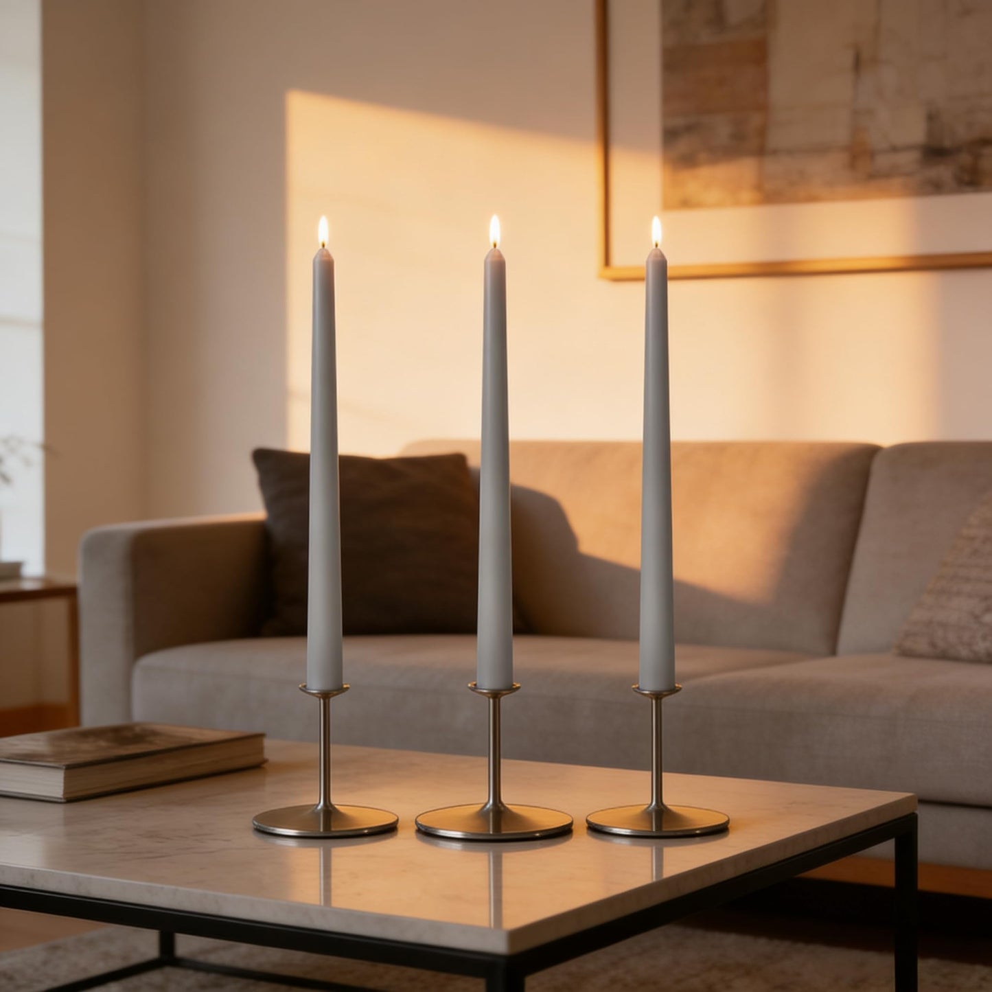10-Inch Gray Taper Candles, 12 Pack Unscented and Dripless Candlesticks, Long-Lasting Burn Time of 7-8 Hours, Perfect for Home Décor, Weddings, and Events