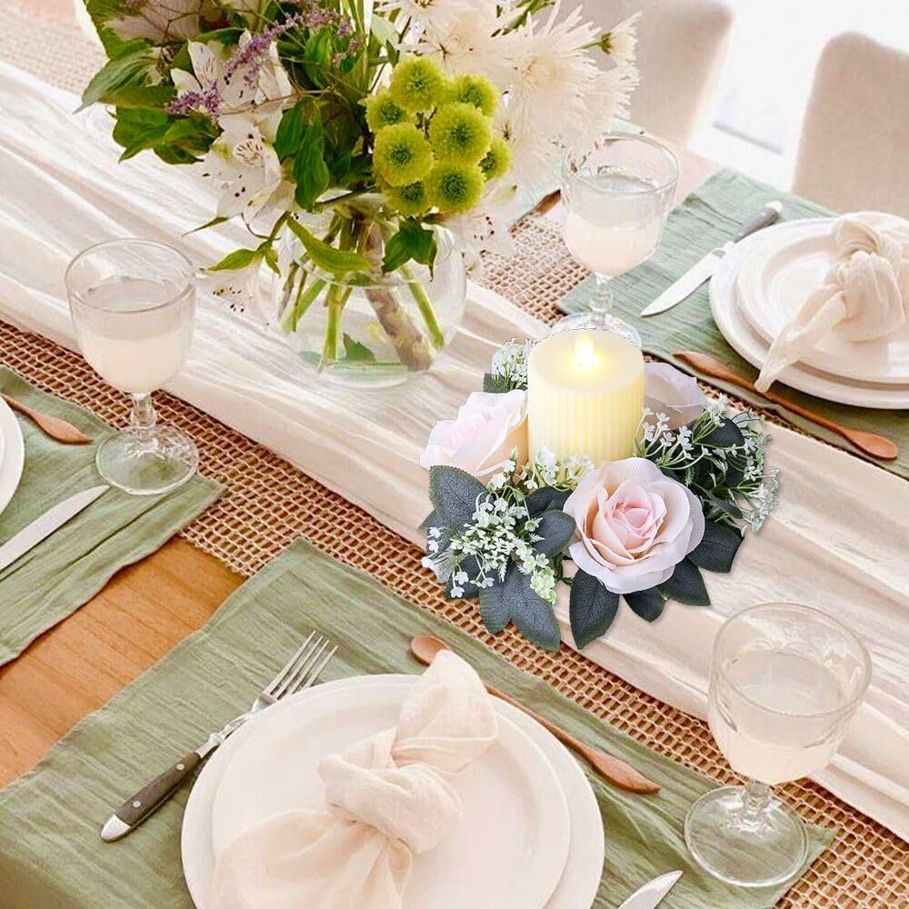 2 Pack Artificial Rose Candle Rings, Christmas Floral Wreaths with Eucalyptus Leaves Greenery Garland for Pillar Candle Lantern Wedding Centerpiece Party Home Fall Table Decor (Pink)