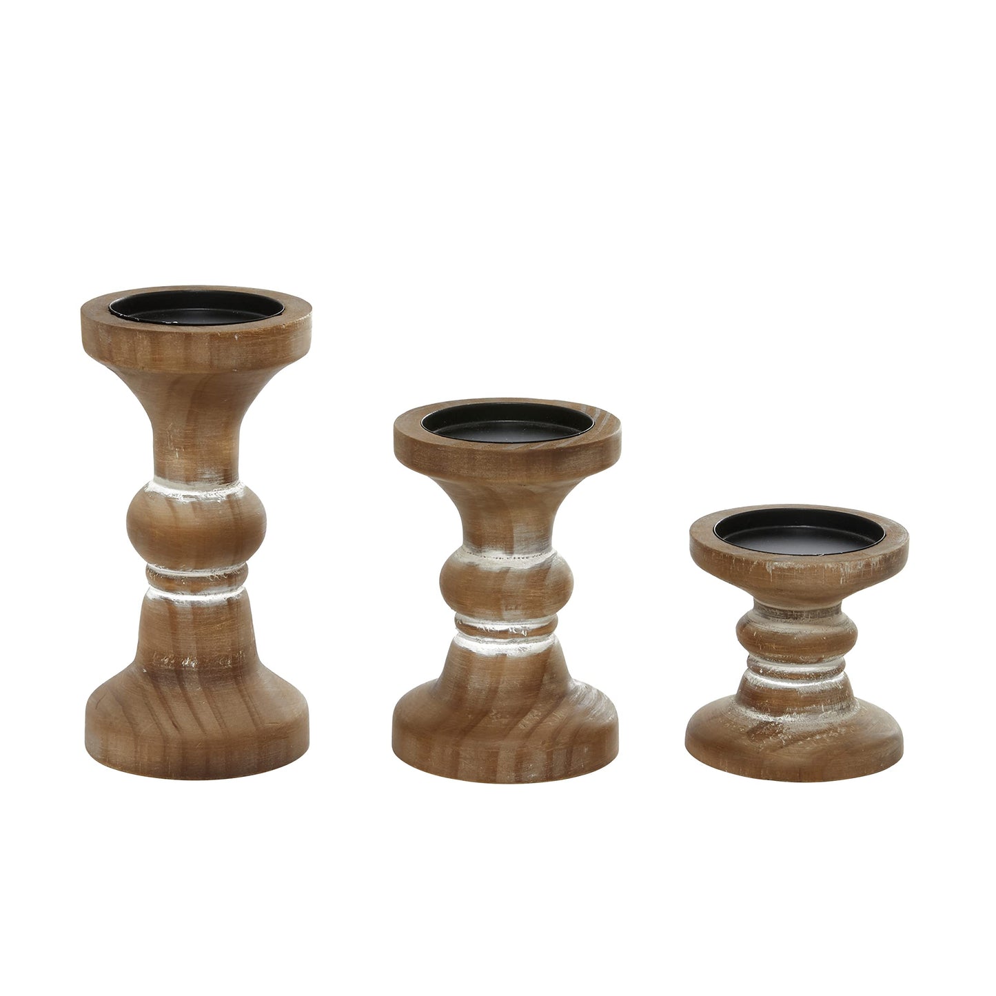 Deco 79 Wood Decorative Candle Holder Beaded Pillar Candle Stand, Set of 3 Candlestick Holder 4", 6", 8"H, Brown