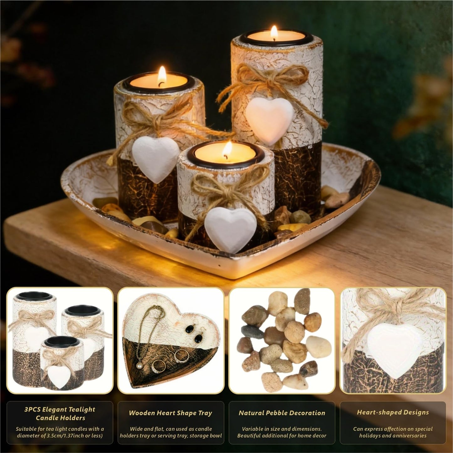 Wooden Tealight Candle Holders with Heart Tray, Rustic Farmhouse Candle Holders for Table Centerpiece Classic and Elegant Tea Light Holder Set for Valentines Day Wedding Anniversary Holiday Home Decor