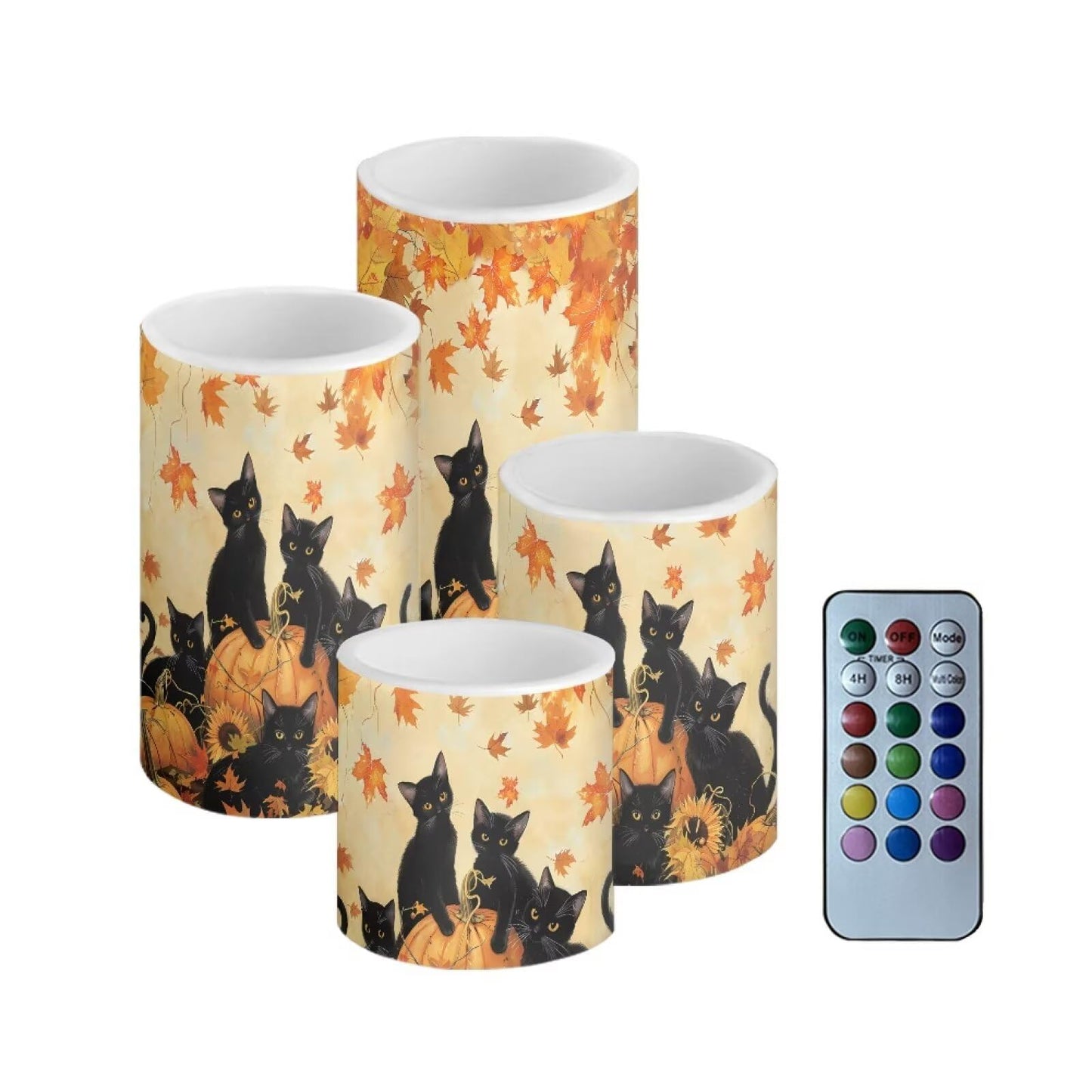 NETILGEN 4 Pcs Flickering Flameless LED Candles with Remote Timer Control Long Lasting Pillar Candles for Thanksgiving Day Decor Maple Leaf Black Cat Print