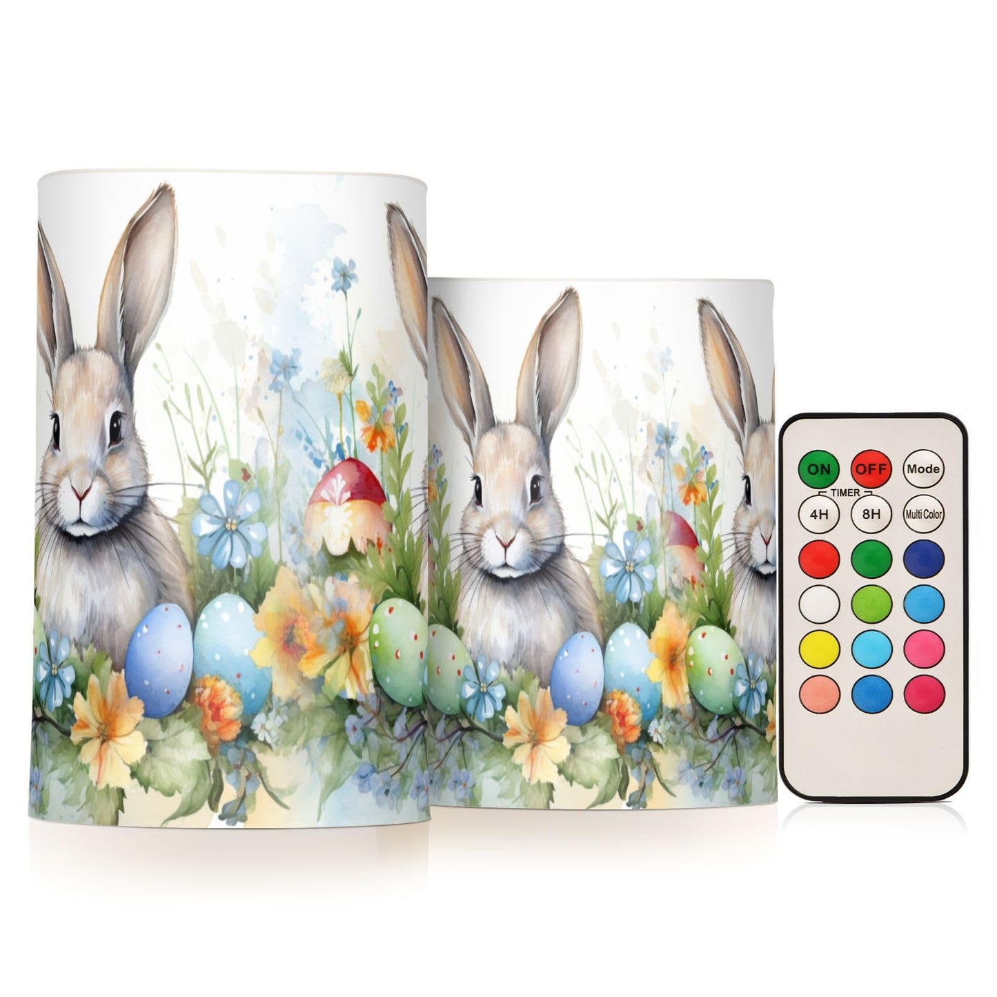zyrtty 2 Pack Plastic Flameless Candles Easter Rabbit Colorful Eggs Watercolor Flower Bunny Battery Operated with Remote and Timer Real Wax LED Flickering Pillar Candles Set Window Christmas Holiday D