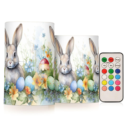zyrtty 2 Pack Plastic Flameless Candles Easter Rabbit Colorful Eggs Watercolor Flower Bunny Battery Operated with Remote and Timer Real Wax LED Flickering Pillar Candles Set Window Christmas Holiday D
