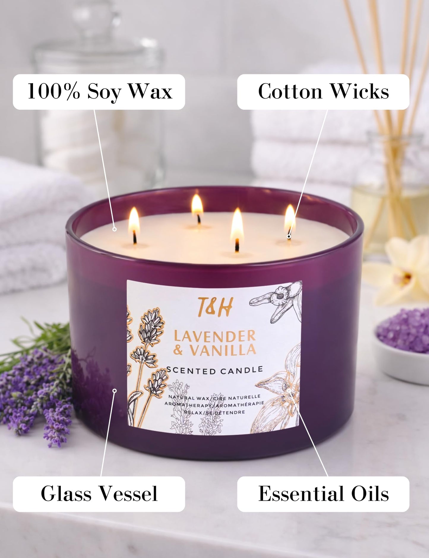 Lavender Vanilla Candle | 4 Wick Extra Large Scented Soy Candles 20 oz | Highly Scented Aromatherapy Lavender Candle for Women | Relaxing Stress Relief Home Scent | Long Lasting Clean Burn