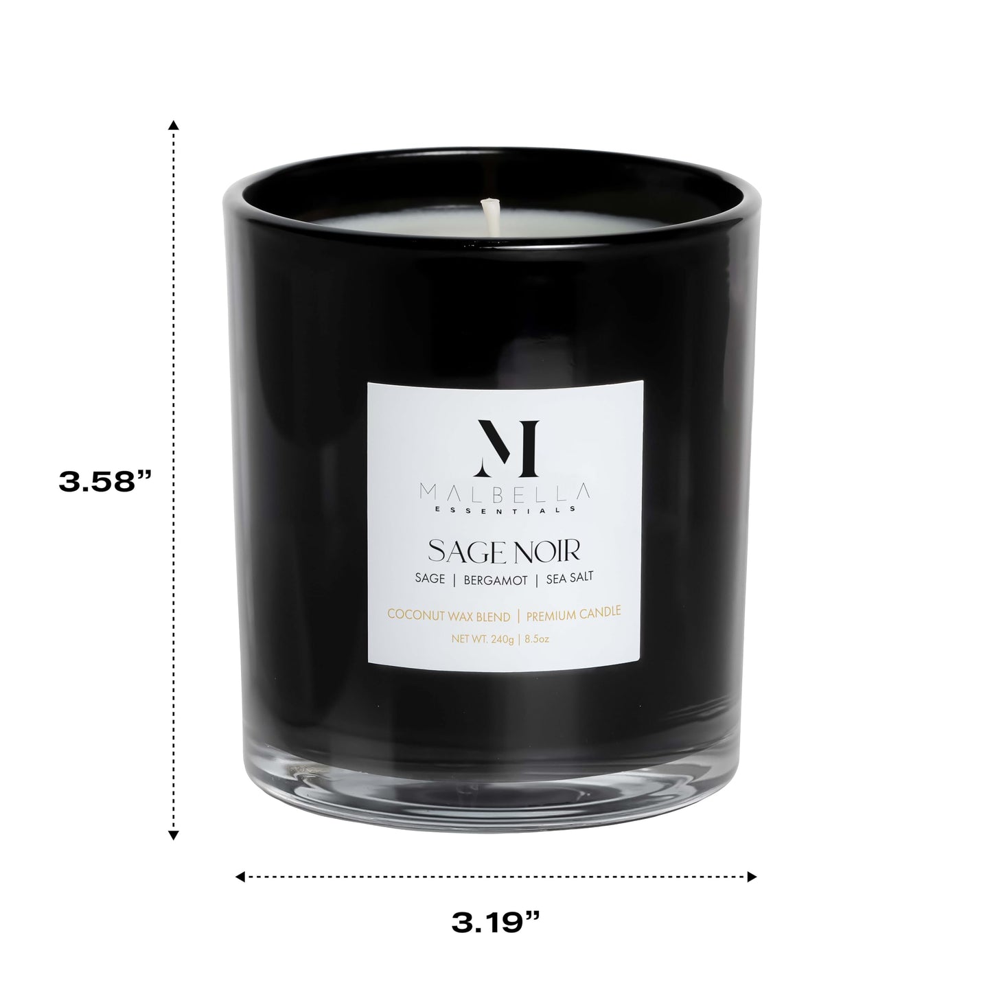 Malbella Essentials Sage Noire Luxury Scented Candle for Women & Men | 8.5 oz Hand-Poured Coconut Wax Blend | Modern Self-Care Aromatherapy Candle | 50 Hr Burn | Gift-Ready Glossy Glass Vessel