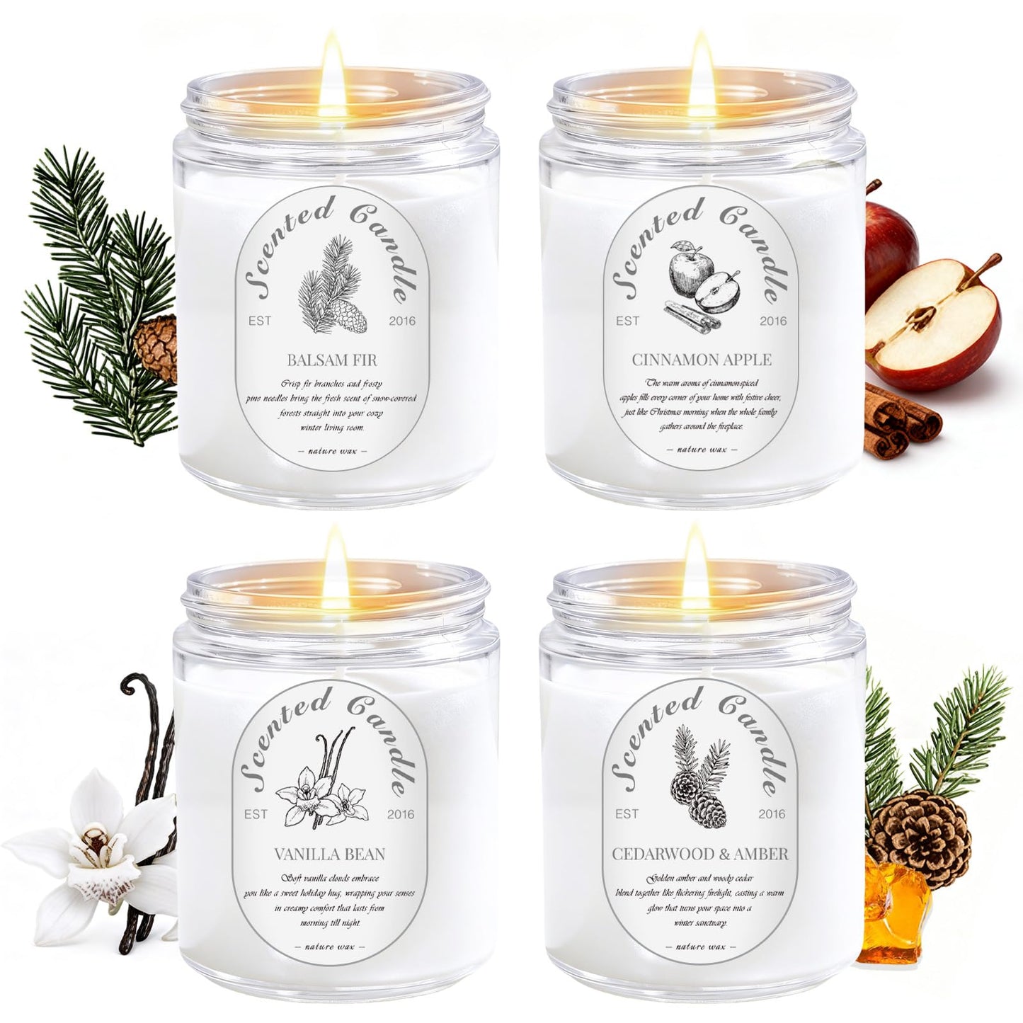Scented Candle Gift Set, 4 Pack 28oz Soy Wax Scented Candles for Home – Cinnamon Apple, Balsam Fir, Vanilla Bean, Cedarwood & Amber – Cozy Aromatherapy Candles for Holiday & Home Decor Gifts