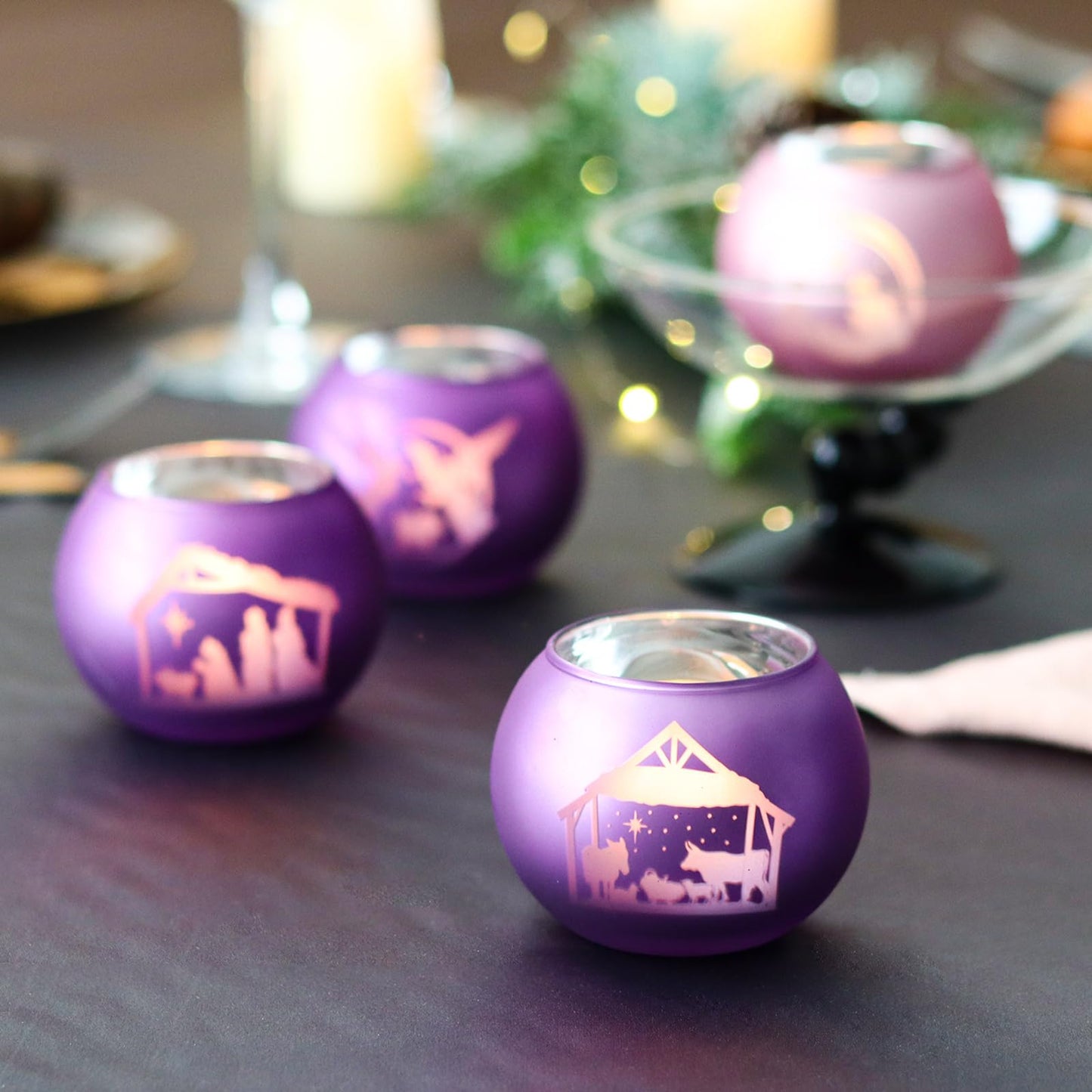 SYFURNIX Advent Candle Holders Set of 4, Glass Tealight Votive Candle Hodlers Tabletop Nativity Christmas Table Decorations Mantel Decor