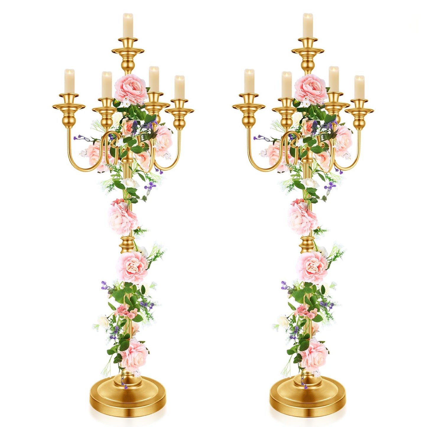 2 Pcs Gold Wedding Floor Candelabra 50 Inch Antique Led Candle Stand Metal 5 Arm Candelabra Centerpiece Decoration for 5 Candlesticks Bridal Shower Christmas Aisle Event Birthday Party Ceremony Home