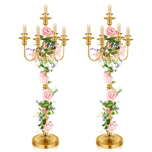 2 Pcs Gold Wedding Floor Candelabra 50 Inch Antique Led Candle Stand Metal 5 Arm Candelabra Centerpiece Decoration for 5 Candlesticks Bridal Shower Christmas Aisle Event Birthday Party Ceremony Home