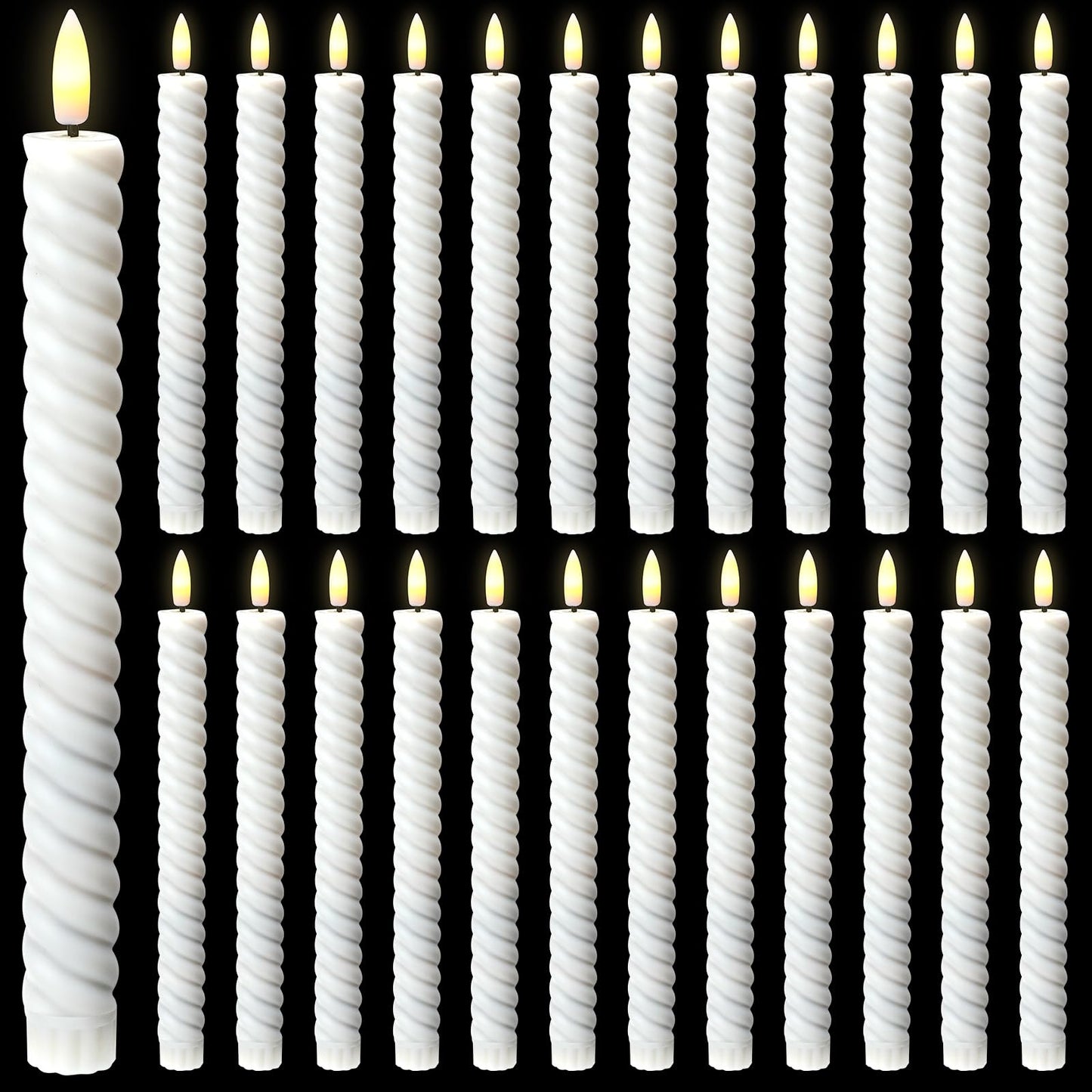 Tuanse 24 Pcs 10 Inch Flameless Twisted Taper Candles LED Flickering Battery Operated Candles Electric Warm Light Candlesticks for Wedding Birthday Party Home Dinner Decor(White)