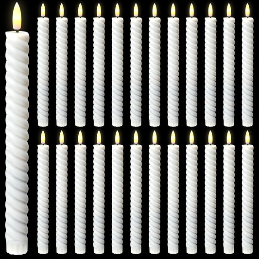 Tuanse 24 Pcs 10 Inch Flameless Twisted Taper Candles LED Flickering Battery Operated Candles Electric Warm Light Candlesticks for Wedding Birthday Party Home Dinner Decor(White)