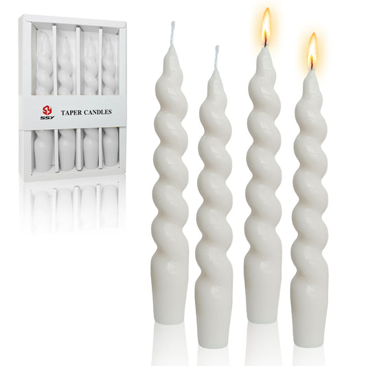 7.5 Inches Spiral Taper Candles Colorful Twisted Candle Long Candles, Handmade Candlesticks for Wedding Dinner Decor, Set of 4(White)