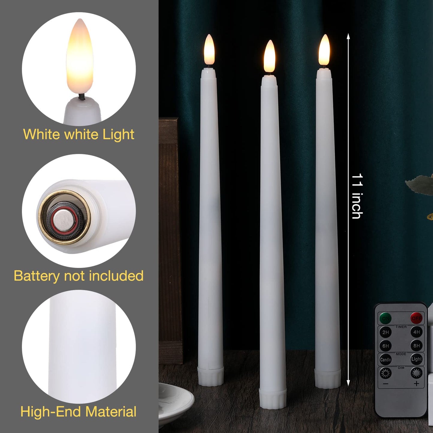 Tuanse 20 Pcs Flickering Flameless Taper Candles Bulk LED Battery Operated Realistic Flame Effect with Remote & Timer Safe No Fire Wax Drip Candles for Wedding Church Home Decor (10.83",White)
