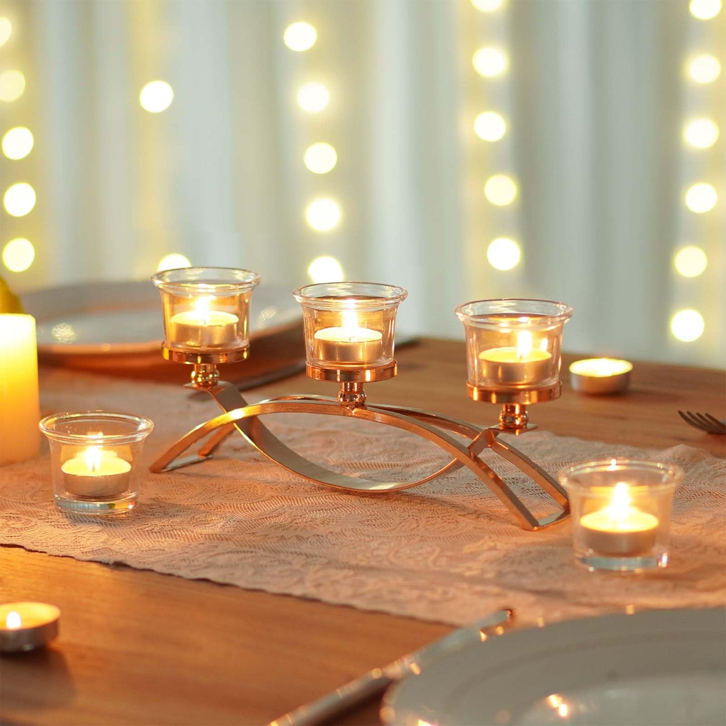 3-Arm Metal Tea Light Candle Holder Set with 5 Glass Cups, Votive Candle Holders Centerpiece Candelabra for Wedding Table Decor, Home Gatherings and Holidays (Gold, 5 Cups)