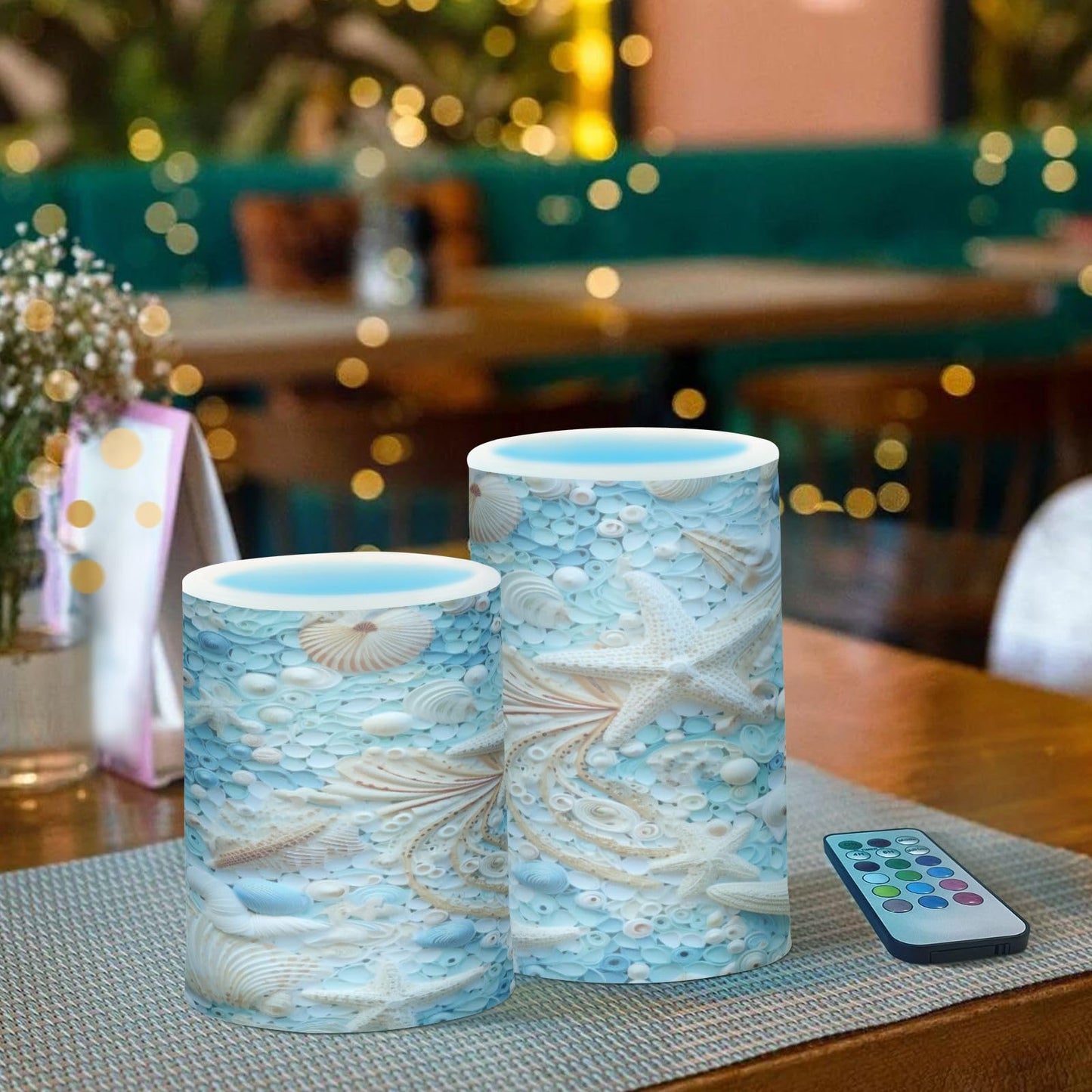 BOENLE Flickering Flameless Candles, Starfish Seashell LED Candles with Remote Timer, Set of 2 Battery Operated Candle for Valentine Wedding Birthday