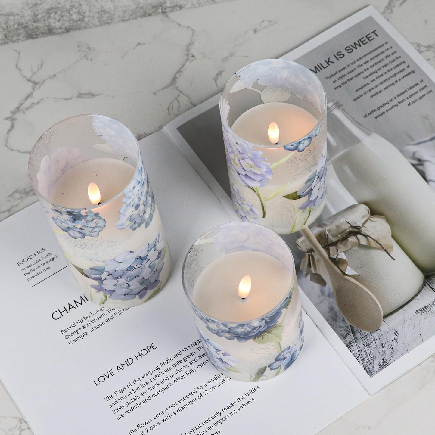 DRomance Hydrangea Glass Flameless Candles with Remote Timer Battery Operated LED Flickering Pillar Candles Real Wax Spring Dinner Christmas Holiday Decor D3 x H4, 5", 6"