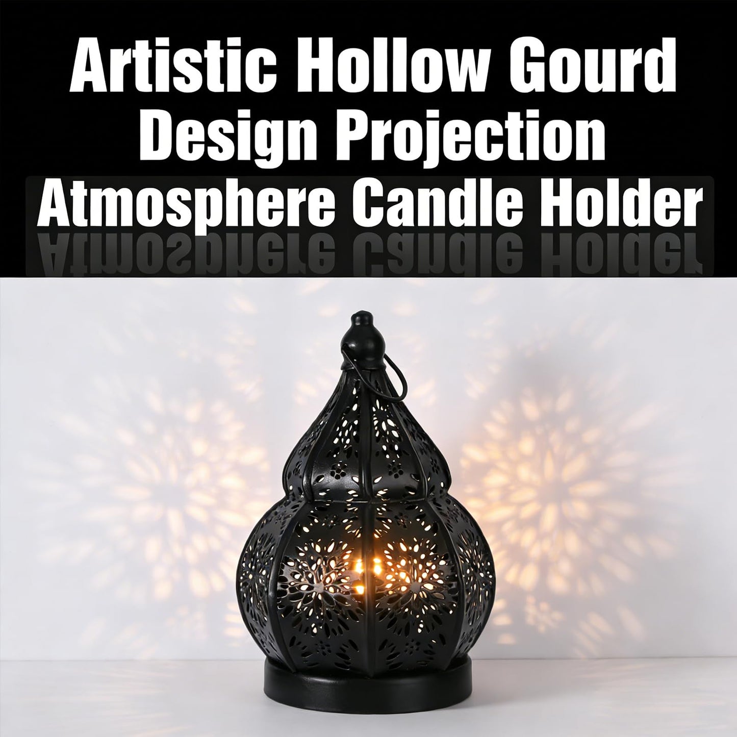 1pcs Iron Gourd Hollow Candle Holder Projection Ambient Decor for Home Garden Courtyard Decorative Ornament (Gold)
