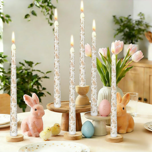 JarThenaAMCS 6Pcs Easter Dripless Taper Candles 10 Inch Long Unscented Candle Sticks Watercolor Bunny Rabbit Floral Leaves Candle for Spring Wedding Bridal Shower Birthday Table Decoration