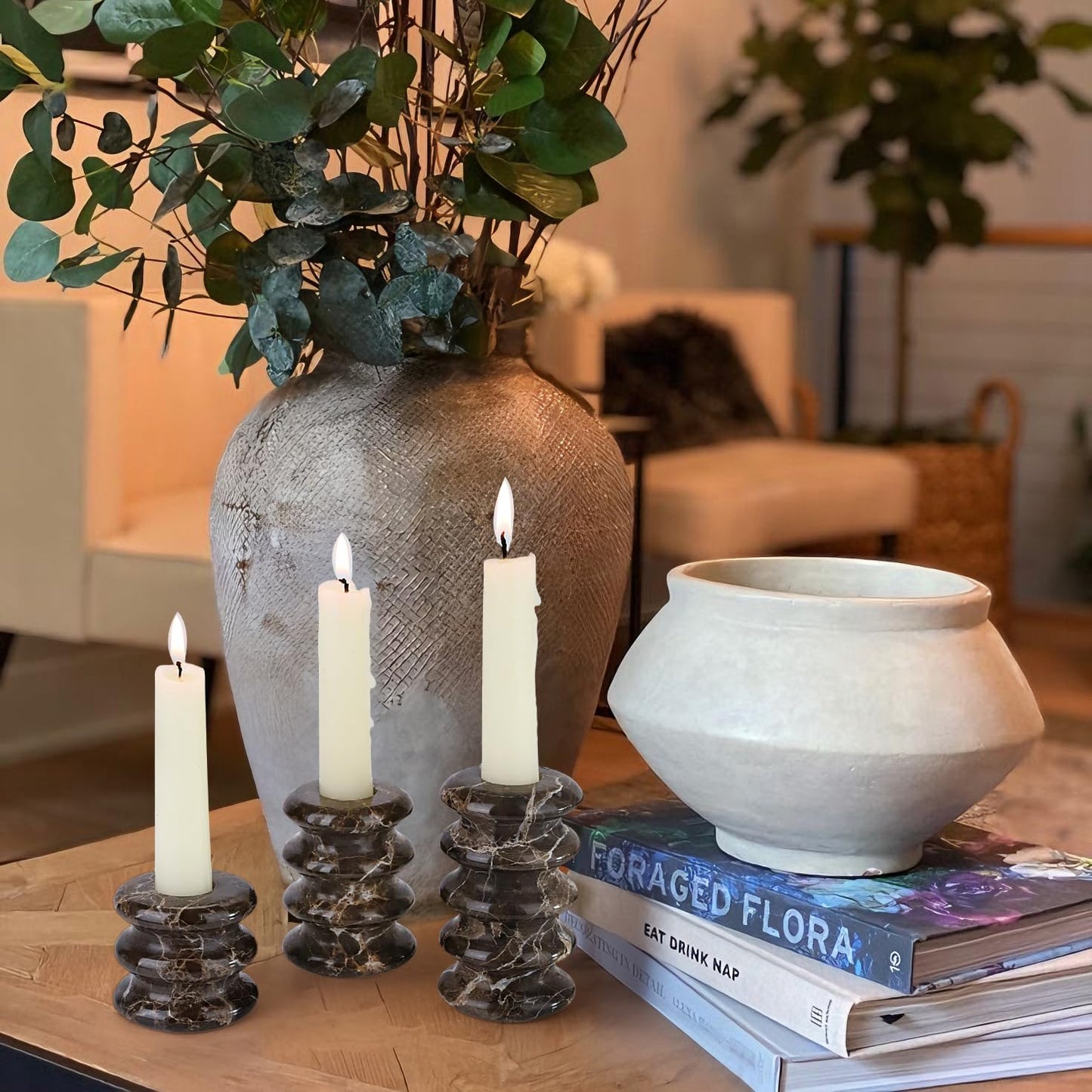Vixdonos Marble Candle Holder Set of 3 Taper Candle Candlestick Mantle Candle Stand for Home Decor,Wedding,Party and Table Centerpieces(Brown)