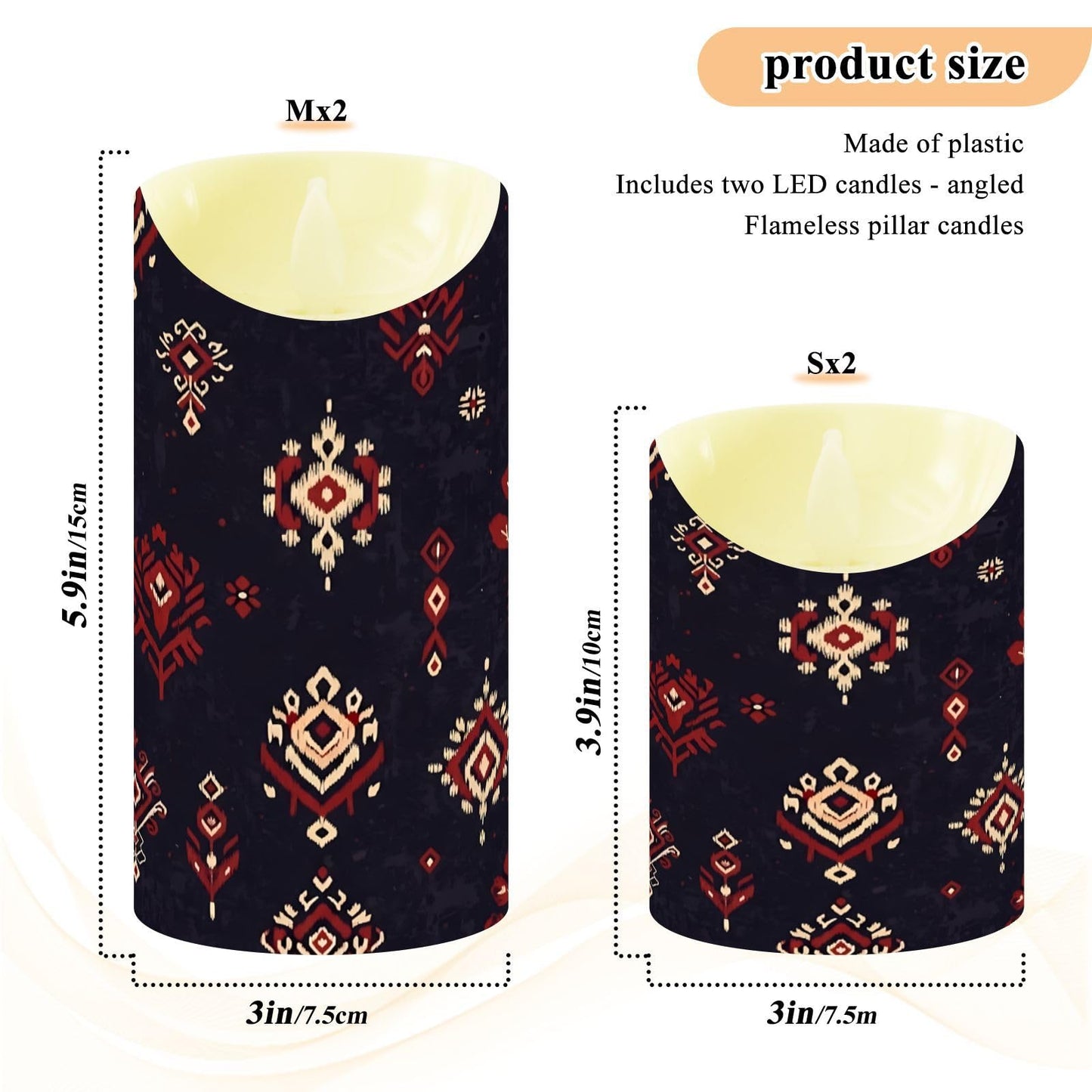 Gravopti Tribal Ikat 2 Pack Flameless LED Pillar Candles with Remote & Timer, Battery Operated, Flickering Wax Candle for Wedding, Romantic Home & Party Decor