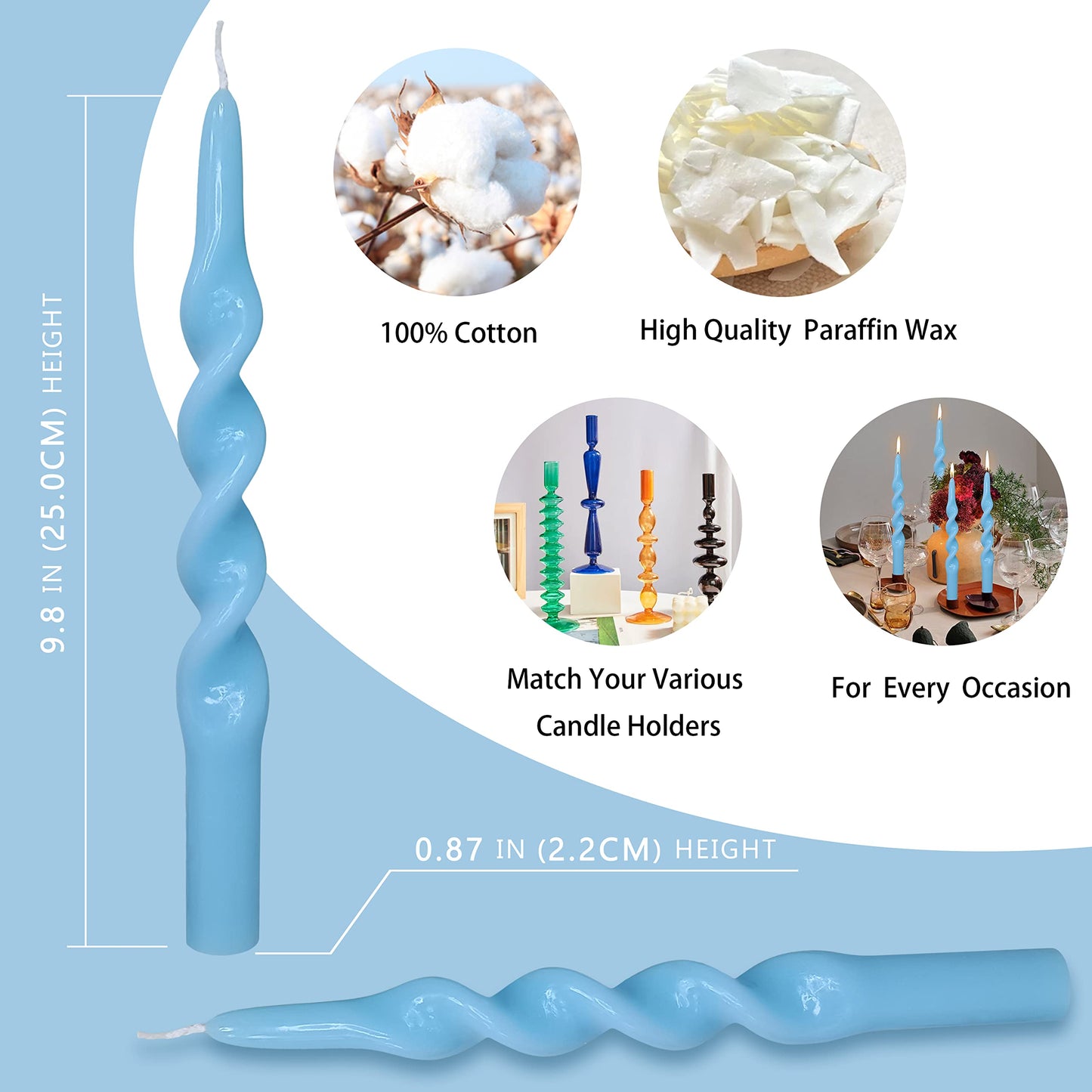 10 Inch Taper Candles Candle Sticks Unscented Handmade Set of 4 Long Burning Smokeless Twisted Candlesticks for Wedding Decoration Home Party(Blue)