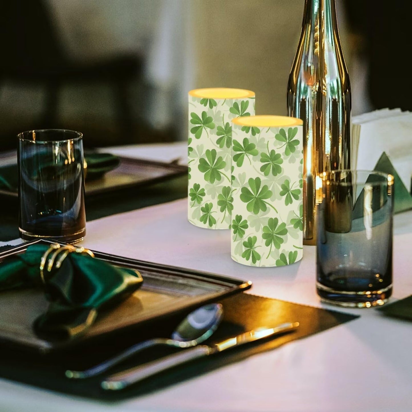 Luarisgur St Patricks Day Candles Battery Operated Flameless Candles with Remote Fall Decorations LED Fake Candles for Home Bedroom Irish Lucky Day Leaves Table Decor 3 inch Set of 2