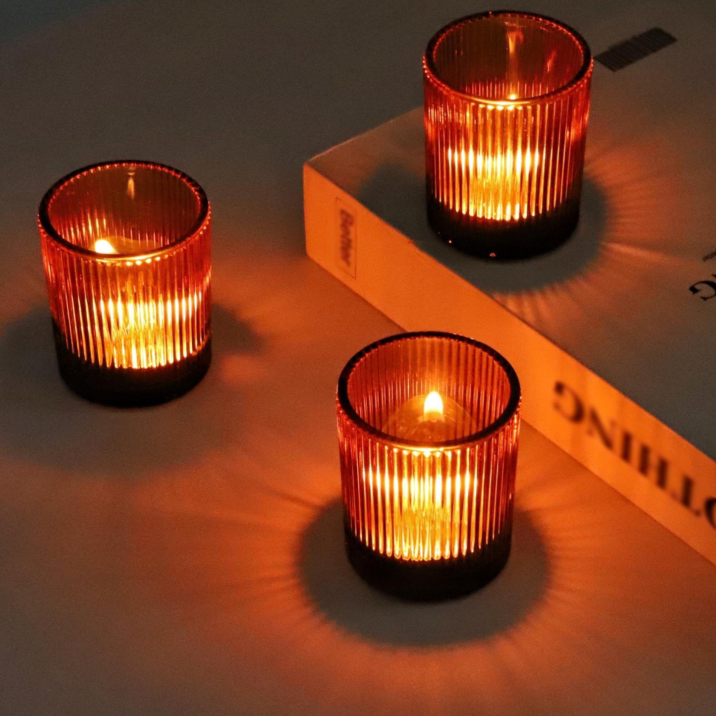 VOHO Amber Candle Holders for Votive Candles/Tea Lights Candles, Ribbed Votive Candle Holders for Table Centerpiece, 12pcs Tealight Candle Holder Decor for Thanksgiving & Christmas